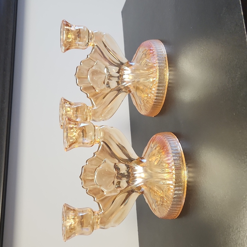 Set of 2 Carnival Marigold Glass Candelabras